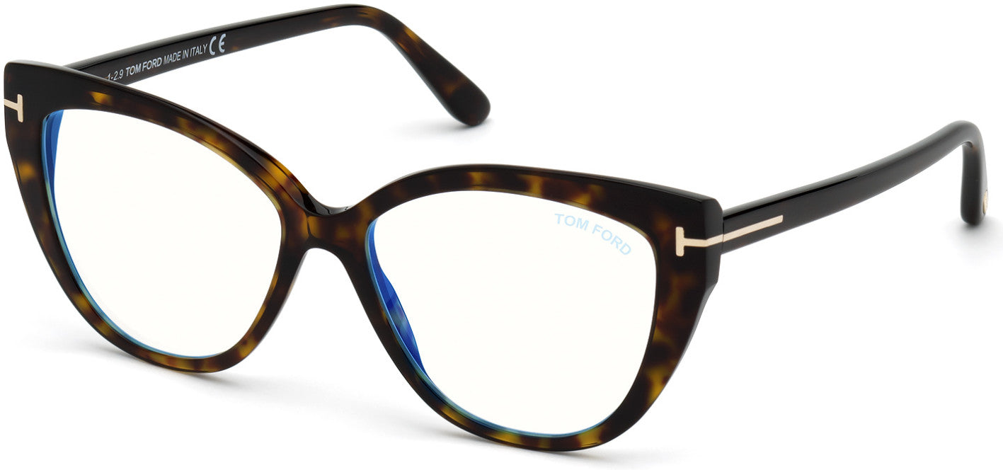 Tom Ford FT5673-B Square Eyeglasses 052-052 - Shiny Classic Dark Havana/ Blue Block Lenses