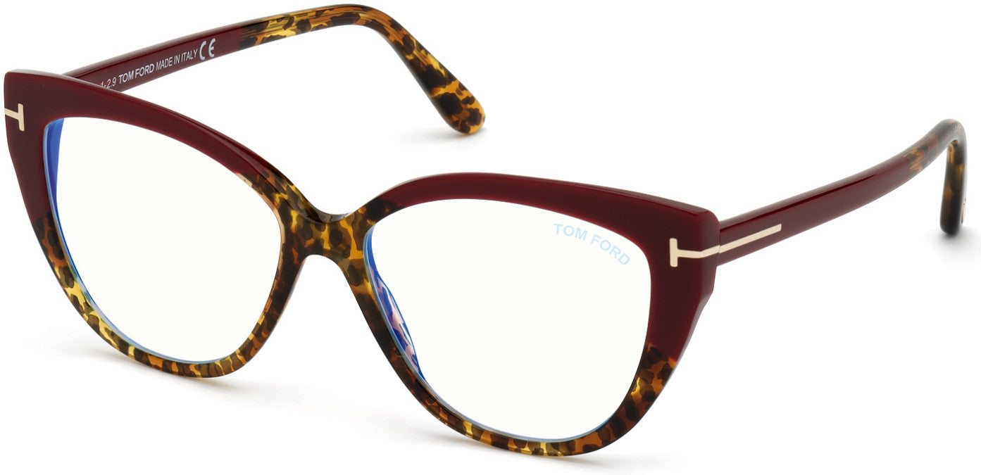 Tom Ford FT5673-B Square Eyeglasses 056-056 - Vintage Leopard, Bordeaux-To-Vintg. Leopard Temples/ Blue Block Lenses