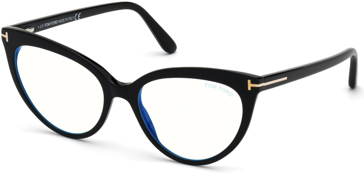 Tom Ford FT5674-B Round Eyeglasses 001-001 - Shiny Black/ Blue Block Lenses