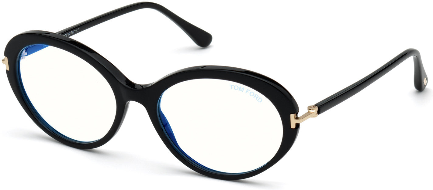 Tom Ford FT5675-B Round Eyeglasses 001-001 - Shiny Black/ Blue Block Lenses