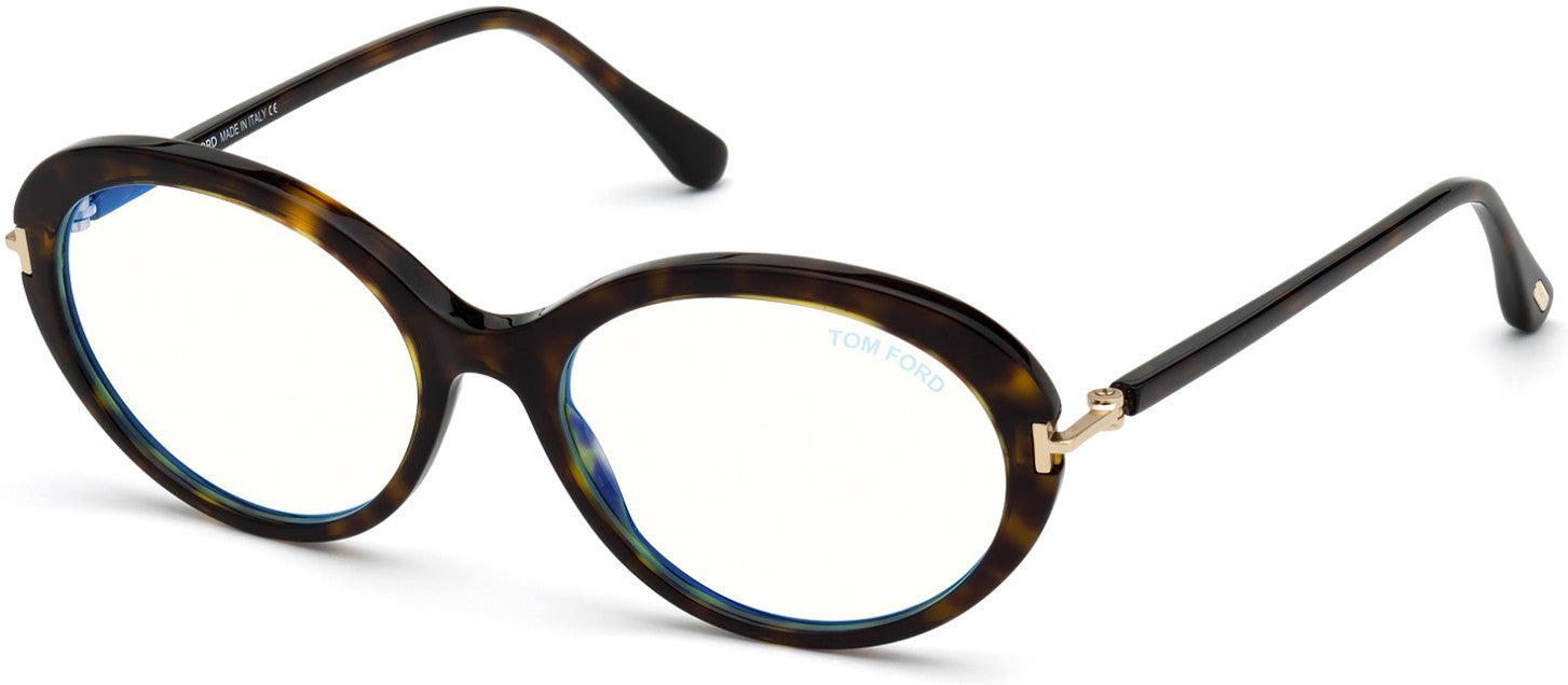 Tom Ford FT5675-B Round Eyeglasses 052-052 - Shiny Classic Dark Havana/ Blue Block Lenses