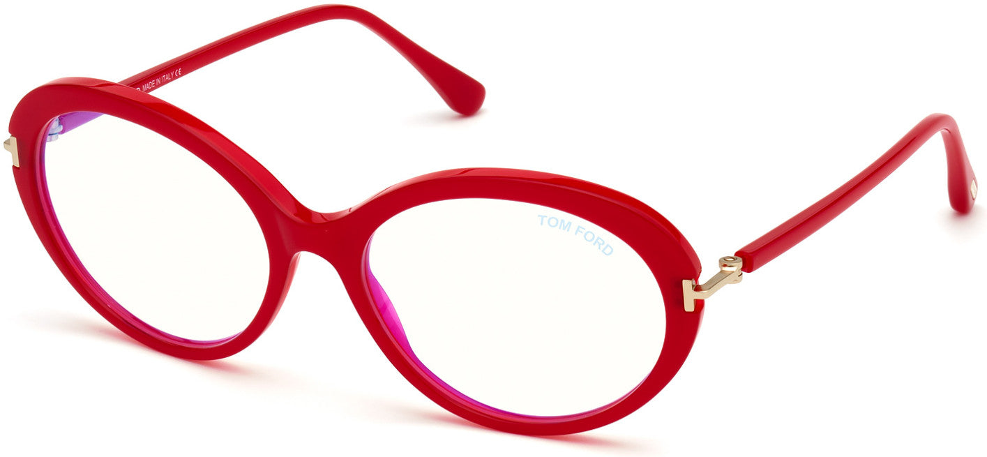 Tom Ford FT5675-B Round Eyeglasses 066-066 - Shiny Red/ Blue Block Lenses