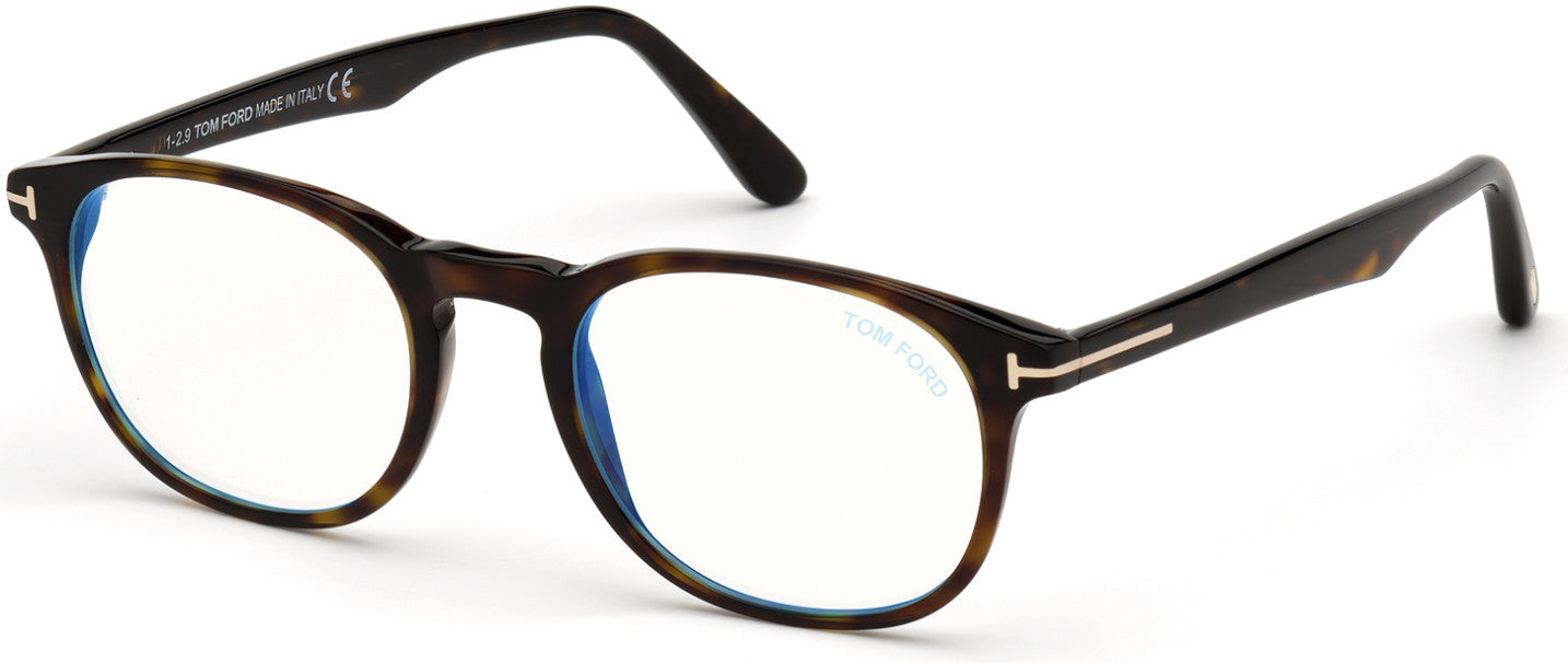 Tom Ford FT5680-B Round Eyeglasses 052-052 - Shiny Classic Dark Havana / Blue Block Lenses