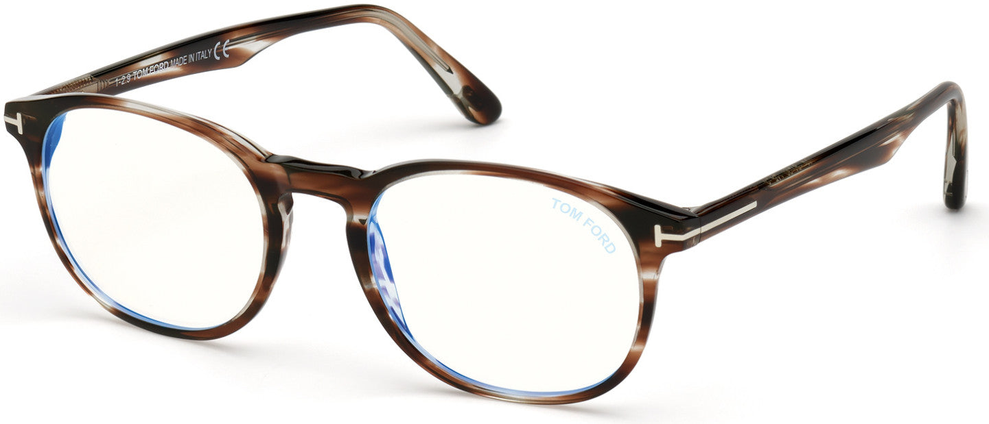 Tom Ford FT5680-B Round Eyeglasses 053-053 - Shiny Striped Brown Havana / Blue Block Lenses
