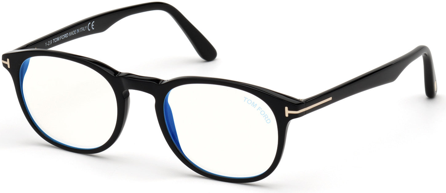 Tom Ford FT5680-F-B Round Eyeglasses 001-001 - Shiny Black / Blue Block Lenses