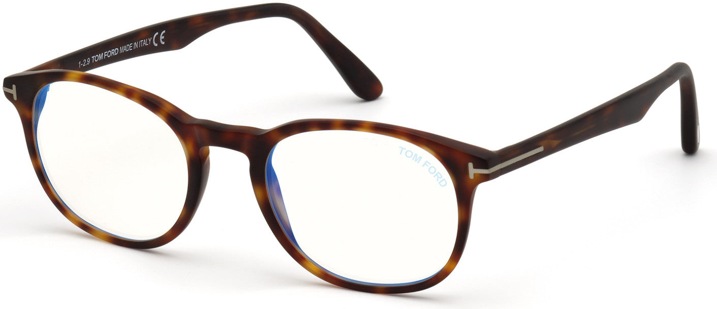 Tom Ford FT5680-F-B Round Eyeglasses 054-054 - Matte Red Havana / Blue Block Lenses