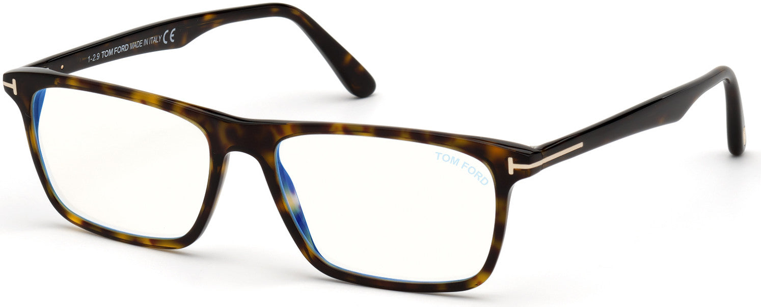 Tom Ford FT5681-F-B Rectangular Eyeglasses 052-052 - Shiny Classic Dark Havana/ Blue Block Lenses