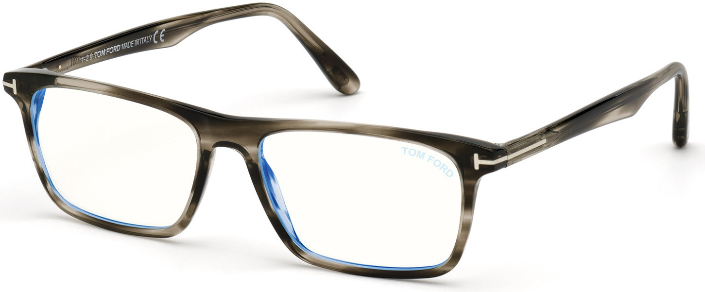 Tom Ford FT5681-F-B Rectangular Eyeglasses 056-056 - Shiny Striped Black Havana/ Blue Block Lenses