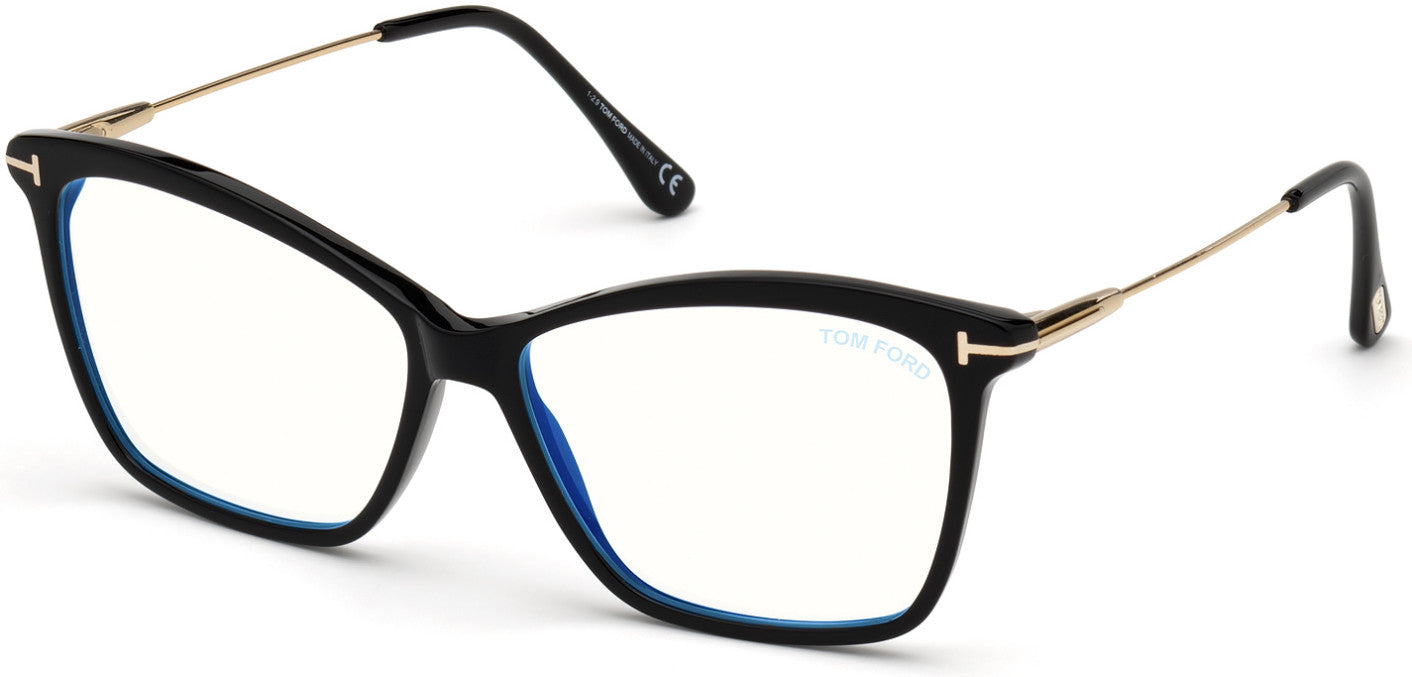 Tom Ford FT5687-F-B Square Eyeglasses 001-001 - Shiny Black, Shiny Rose Gold / Blue Block Lenses