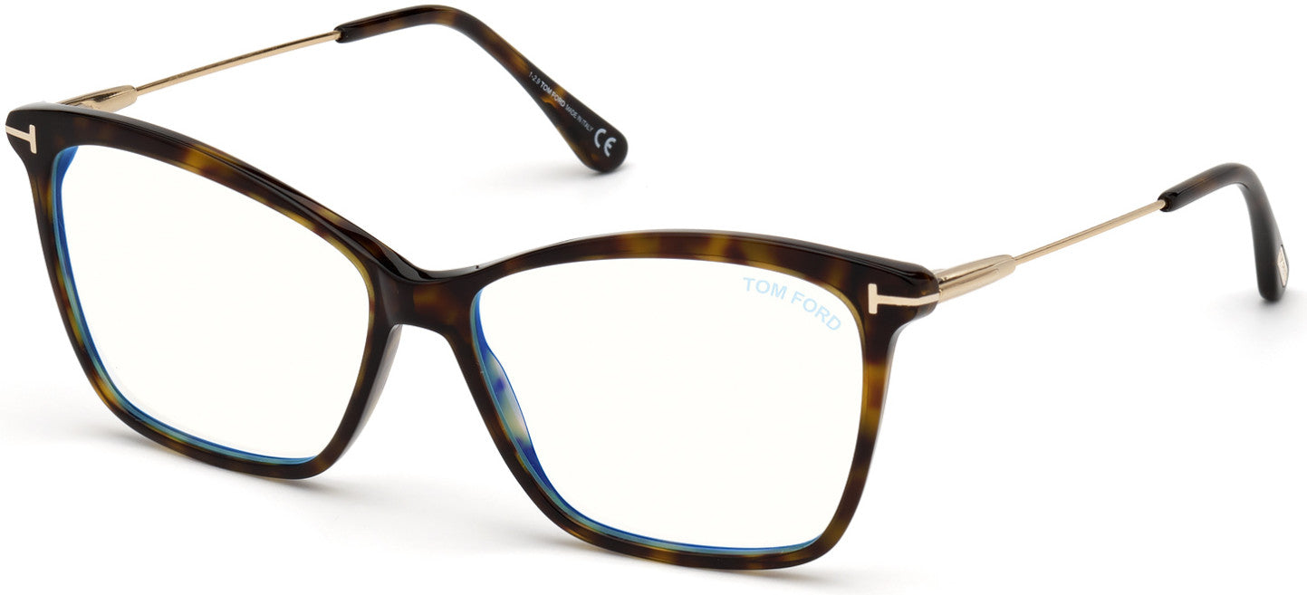 Tom Ford FT5687-F-B Square Eyeglasses 052-052 - Shiny Classic Dark Havana, Shiny Rose Gold / Blue Block Lenses