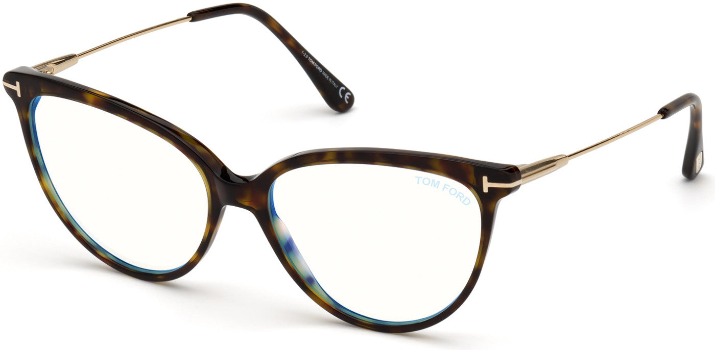 Tom Ford FT5688-B Round Eyeglasses 052-052 - Shiny Classic Dark Havana, Shiny Rose Gold / Blue Block Lenses