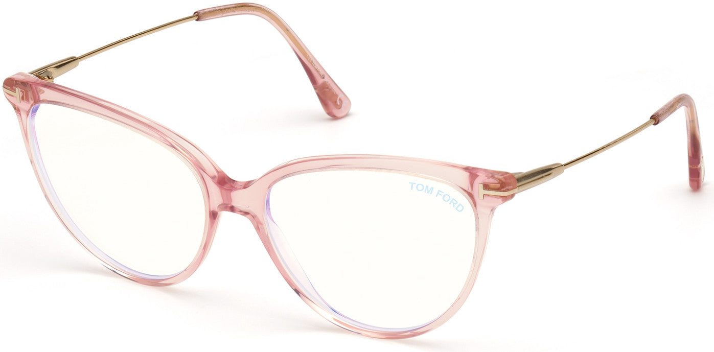 Tom Ford FT5688-B Round Eyeglasses 072-072 - Shiny Semi-Milky Pink, Shiny Rose Gold / Blue Block Lenses