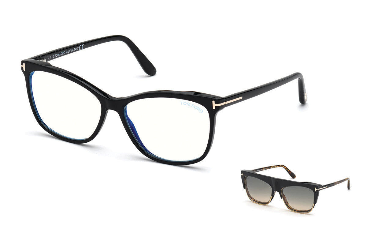 Tom Ford FT5690-B Square Eyeglasses 001-001 - Black/ Blue Block Lenses, Med. Havana Clip & Peach Flash Silver Lenses
