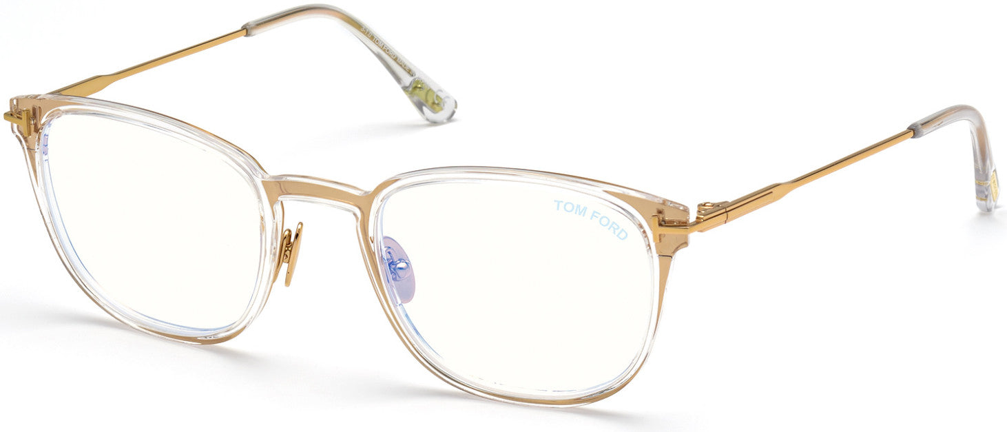 Tom Ford FT5694-B Square Eyeglasses 030-030 - Shiny Deep Gold, Shiny Crystal / Blue Block Lenses