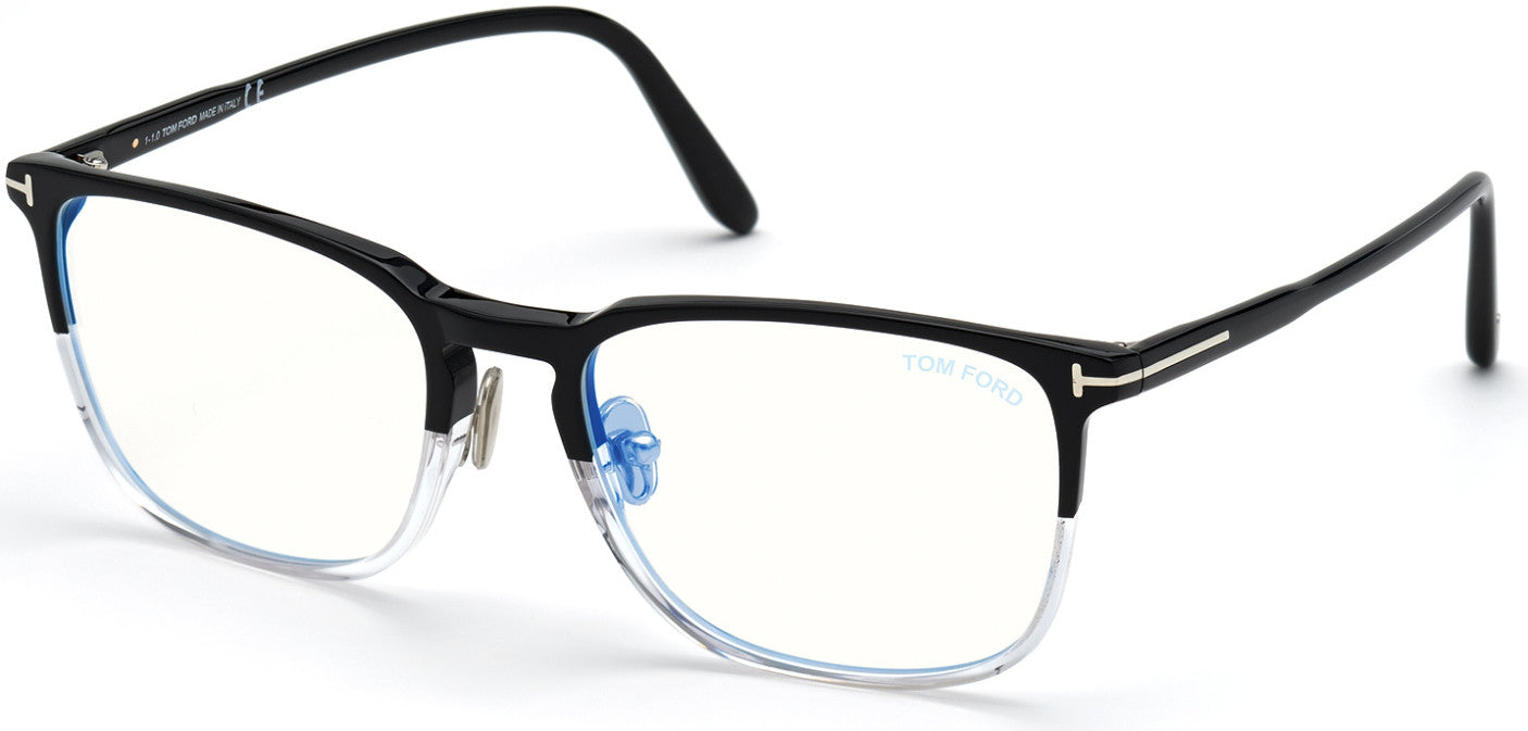 Tom Ford FT5699-B Square Eyeglasses 005-005 - Shiny Black With Crystal / Blue Block Lenses
