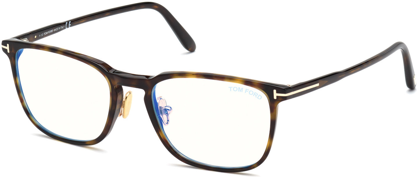 Tom Ford FT5699-B Square Eyeglasses 052-052 - Shiny Classic Dark Havana / Blue Block Lenses