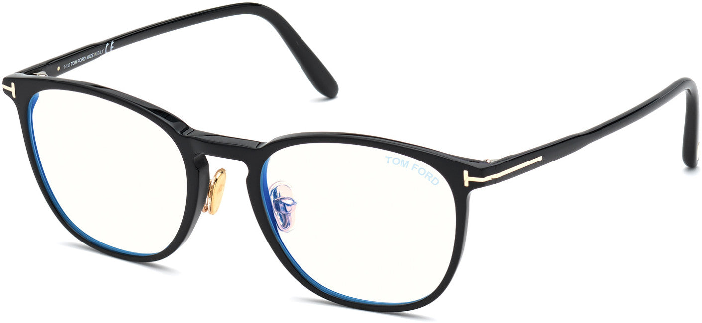 Tom Ford FT5700-B Round Eyeglasses 001-001 - Shiny Black / Blue Block Lenses