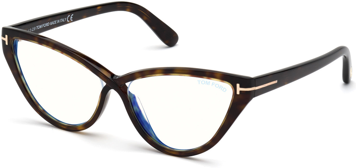 Tom Ford FT5729-B Cat Eyeglasses 052-052 - Shiny Dark Havana / Blue Block Lenses