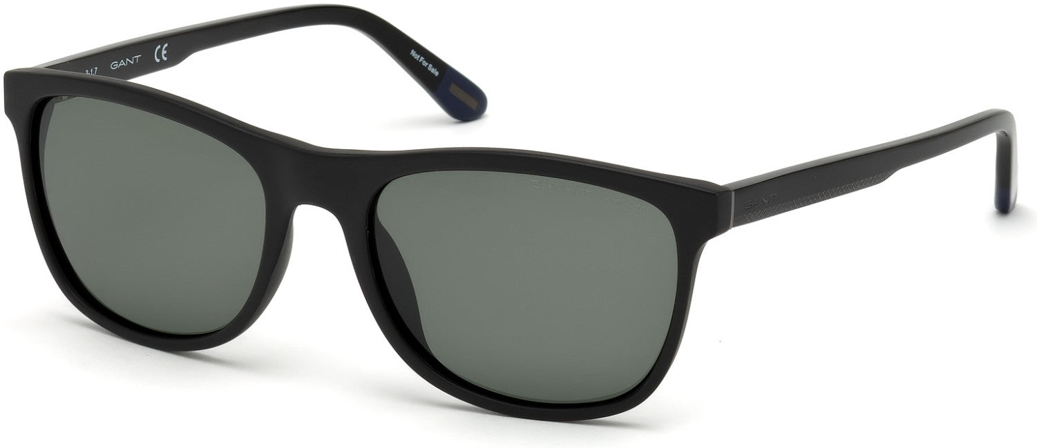 Gant GA7095 Rectangular Sunglasses 02R-02R - Matte Black Front, Shiny Black Temples, Green Polarized Lens