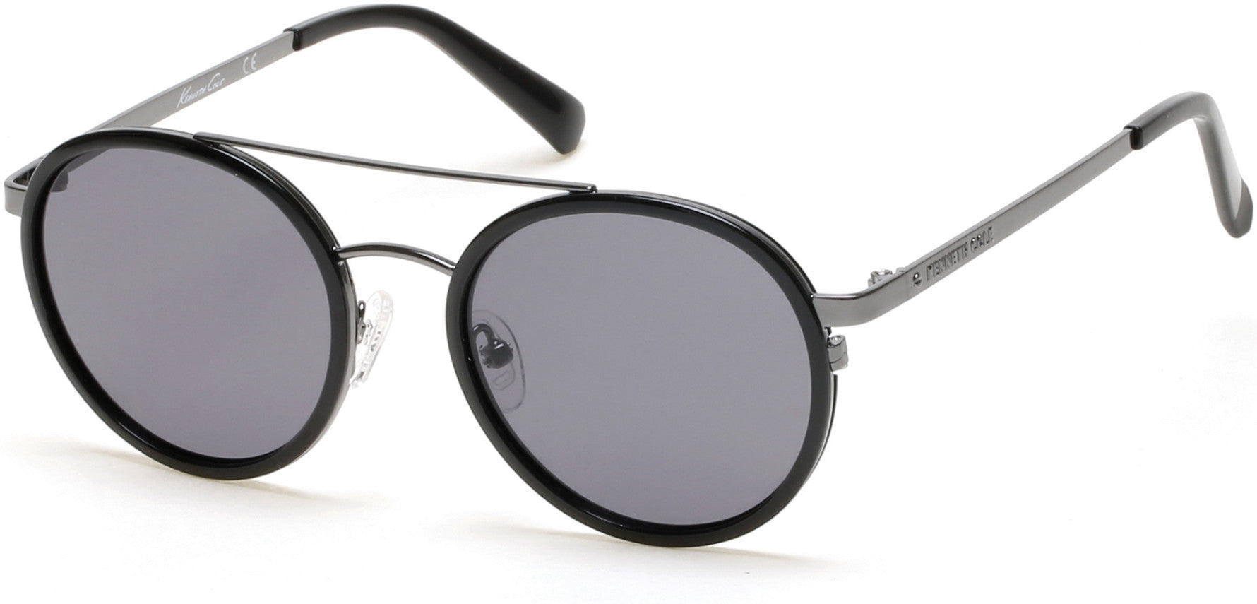 Kenneth Cole New York,Kenneth Cole Reaction KC7204 Round Sunglasses 01A-01A - Shiny Black  / Smoke