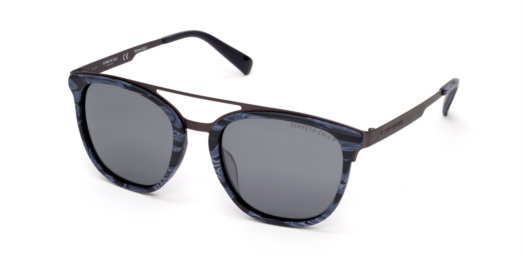 Kenneth Cole New York,Kenneth Cole Reaction KC7225 Geometric Sunglasses 64D-64D - Colored Horn / Smoke Polarized Lenses