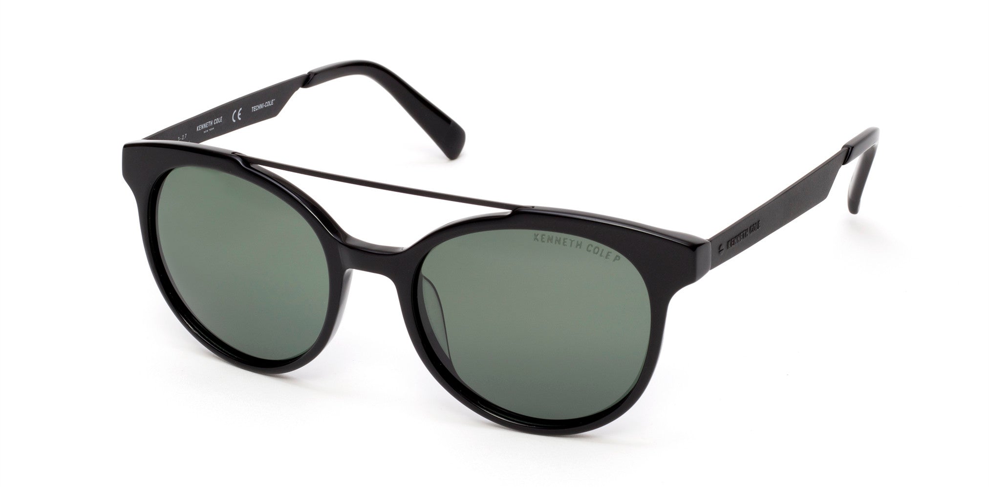 Kenneth Cole New York,Kenneth Cole Reaction KC7226 Round Sunglasses 01R-01R - Shiny Black  / Green Polarized