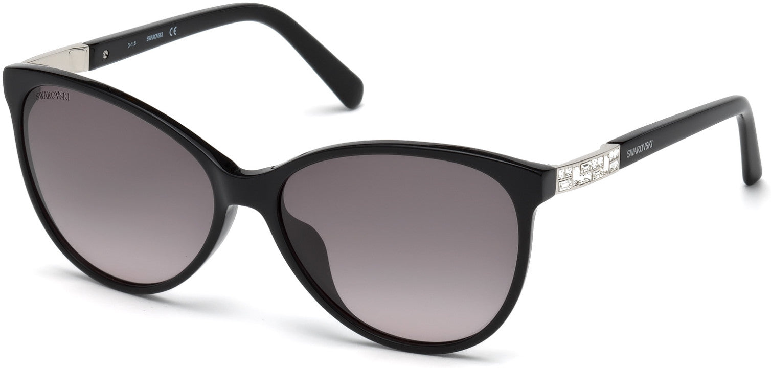 Swarovski SK0123-H Cat Sunglasses 01B-01B - Shiny Black,  Palladium Metal Insert, Crystal Stone / Grad Smoke Lens