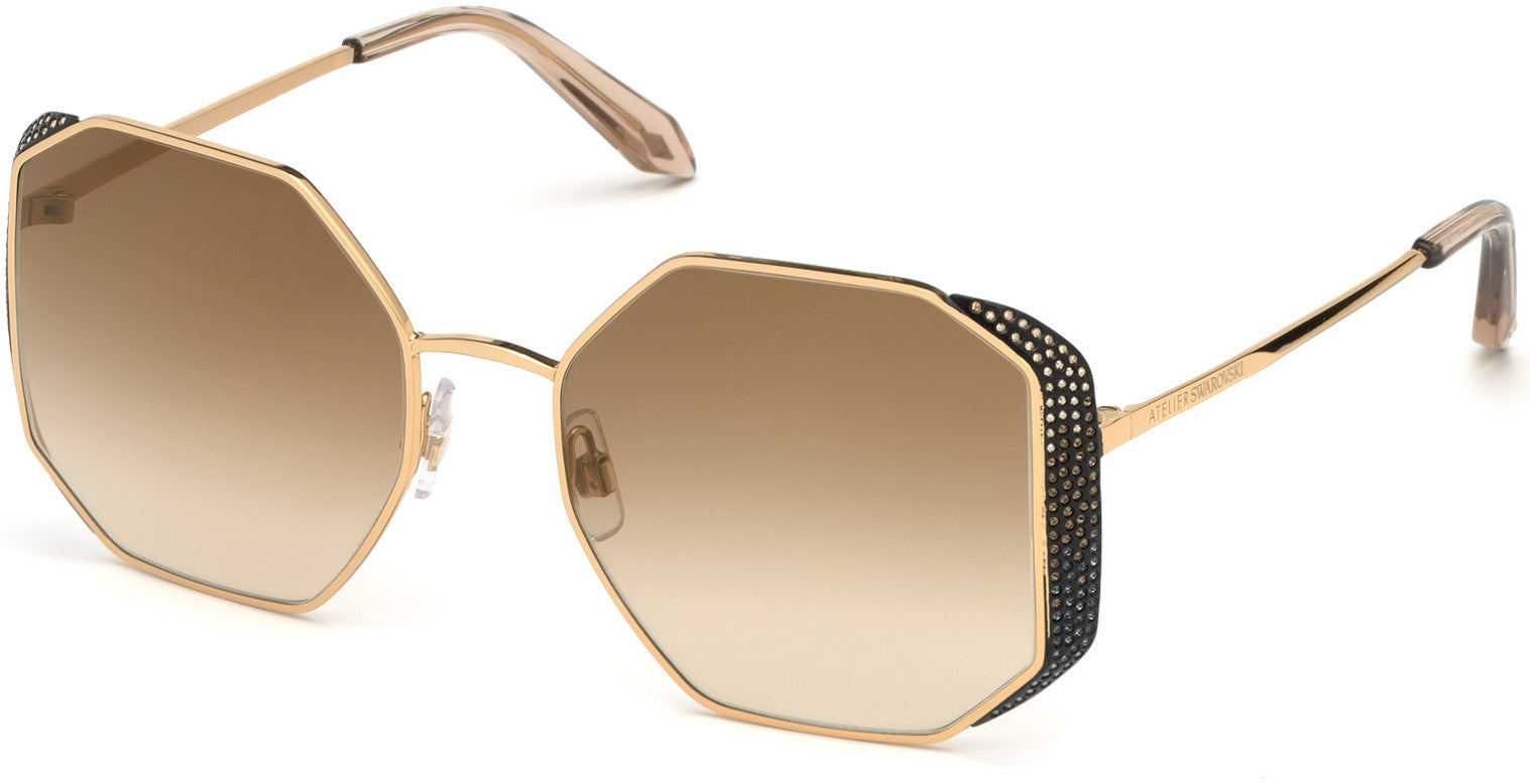 Swarovski SK0238-P Geometric Sunglasses 30G-30G - Shiny Gold, Multi-Color Crystals, Transp. Pink/ Gradient Brown