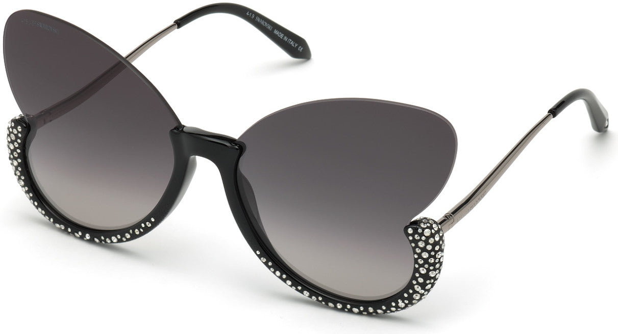 Swarovski SK0270-P Butterfly Sunglasses 01B-01B - Shiny Black, Shiny Light Ruthenium, Crystal Decor / Gr. Grey W. Flash