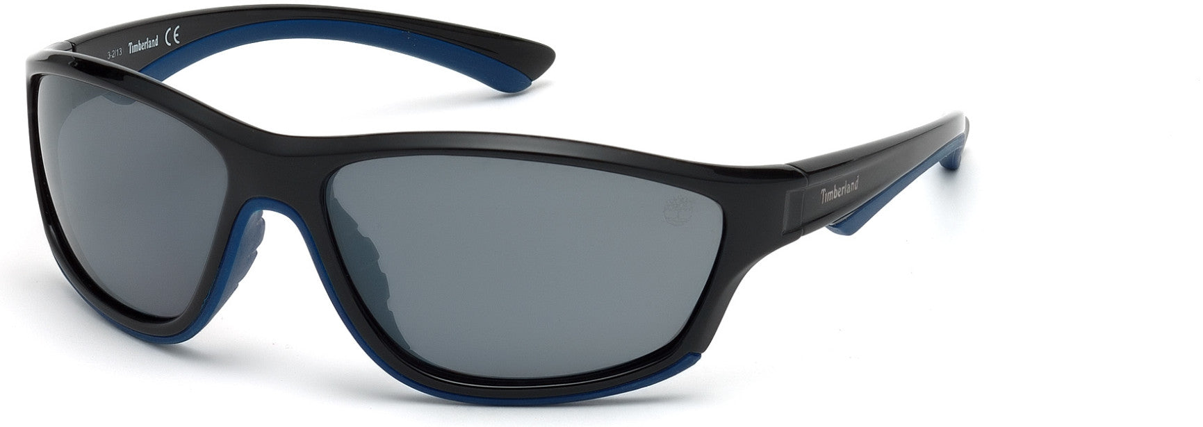 Timberland TB9045 Geometric Sunglasses 01D-01D - Shiny Black, Blue Rubber Details / Smoke Flash Mirror Lenses