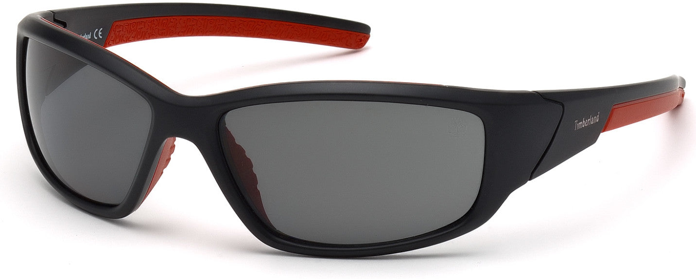 Timberland TB9049 Rectangular Sunglasses 02D-02D - Matte Black, Red Stripe On Temples / Smoke Lenses