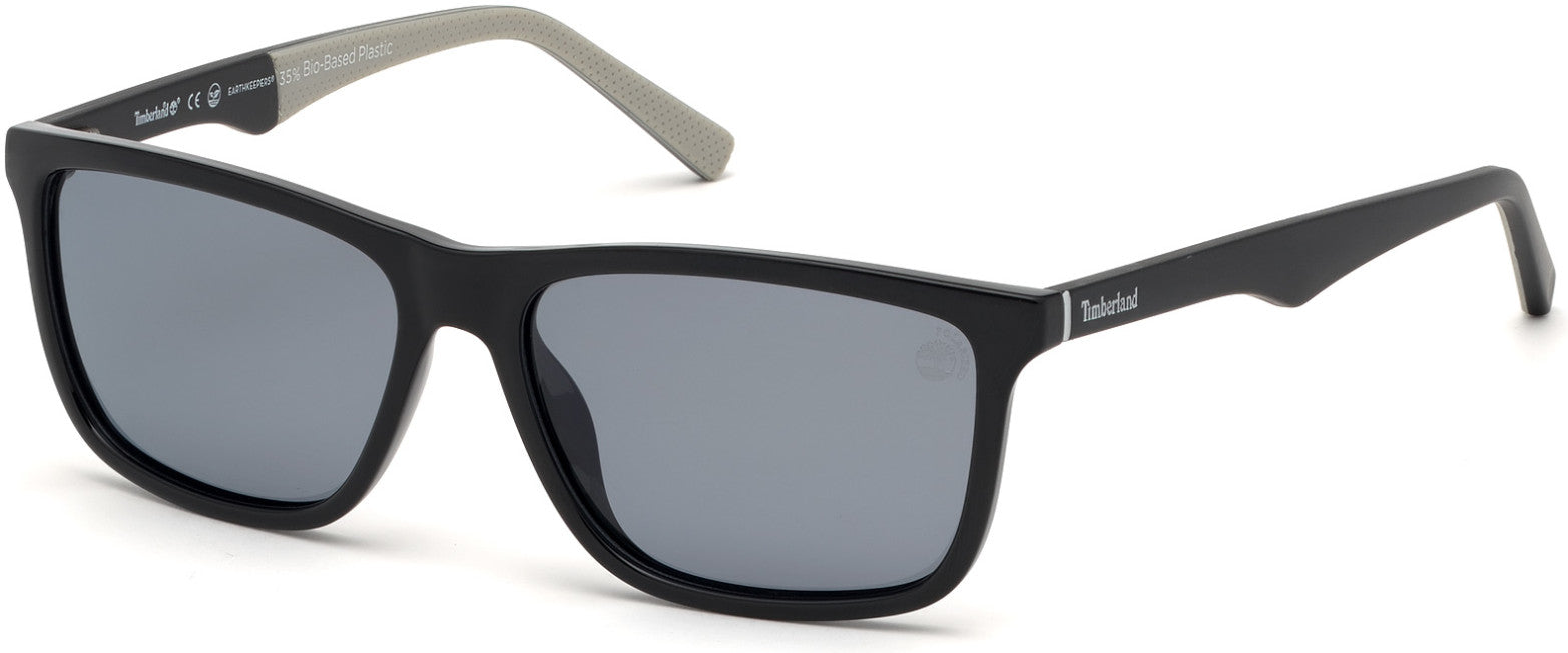 Timberland TB9174 Rectangular Sunglasses 01D-01D - Shiny Black Front, Matte Grey Perforated Rubber Temples / Smoke Lenses
