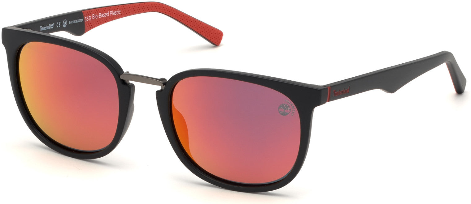 Timberland TB9175 Round Sunglasses 02D-02D - Matte Black Front, Red Perforated Rubber Temples / Red Mirror Lenses