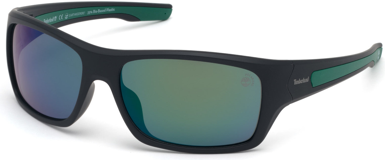 Timberland TB9192 Rectangular Sunglasses 02D-02D - Matte Black Front & Temples W. Green Rubber, Blue/ Green Mirror Lenses