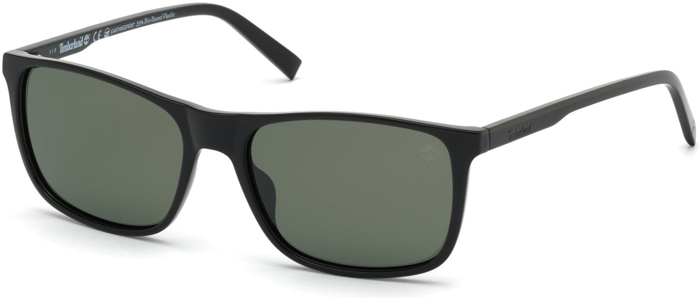 Timberland TB9195 Rectangular Sunglasses 01R-01R - Shiny Black Front And Temples With Green Stripe Accent / Green Lenses