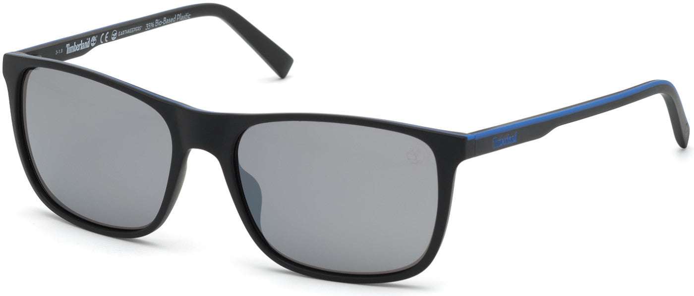 Timberland TB9195 Rectangular Sunglasses 02D-02D - Matte Black Front/ Temples With Blue Stripe Accent/ Silver Flash Lens