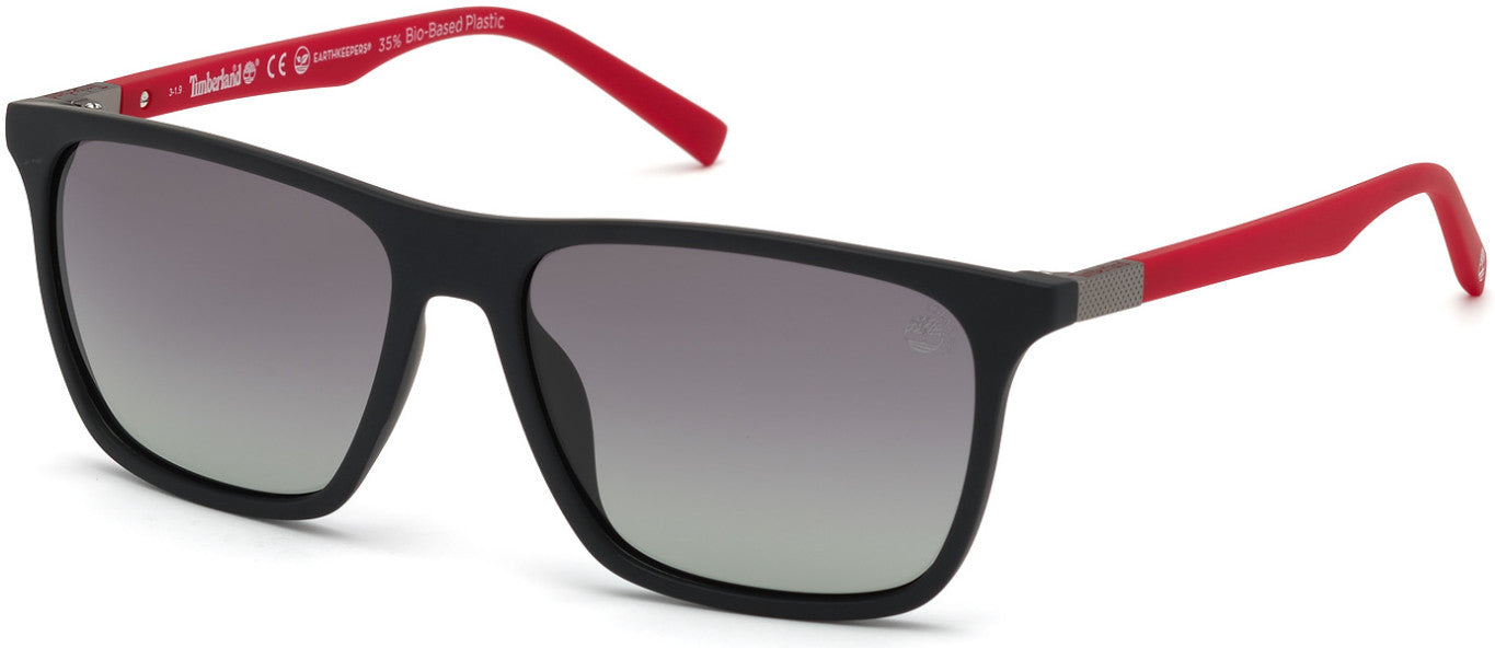 Timberland TB9198 Square Sunglasses 02D-02D - Matte Black Front With Red Rubber Temples, Smoke Gradient Lenses