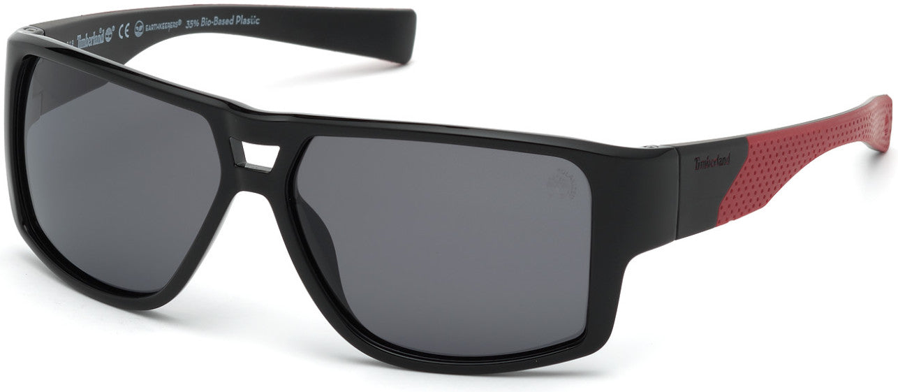 Timberland TB9204 Rectangular Sunglasses 01D-01D - Shiny Black Front And Temples With Red Rubber / Smoke Lenses