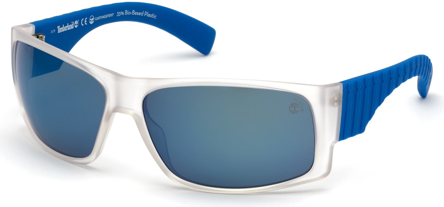 Timberland TB9215 Rectangular Sunglasses 20D-20D - Matte Crystal Front,  Cobalt Blue Temples / Blue Flash Lenses