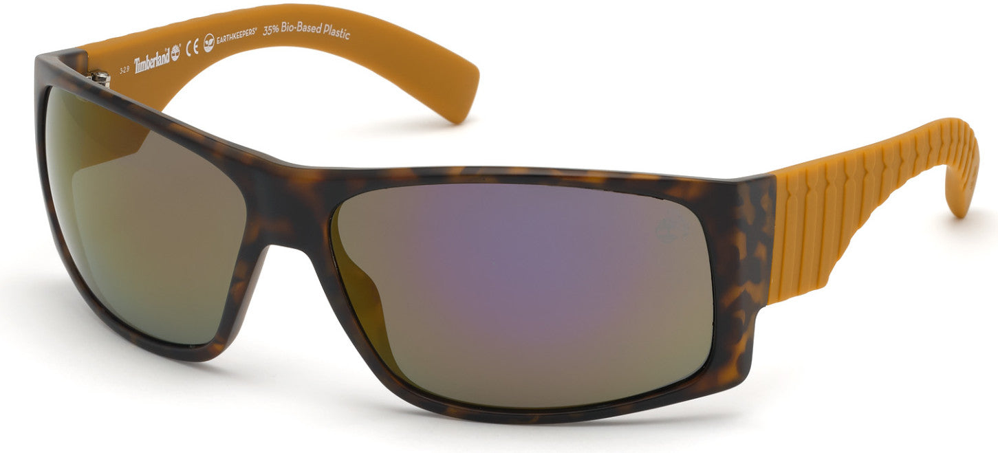 Timberland TB9215 Rectangular Sunglasses 52D-52D - Matte Havana Front And Orange Temples / Yellow And Purple Mirror Lens