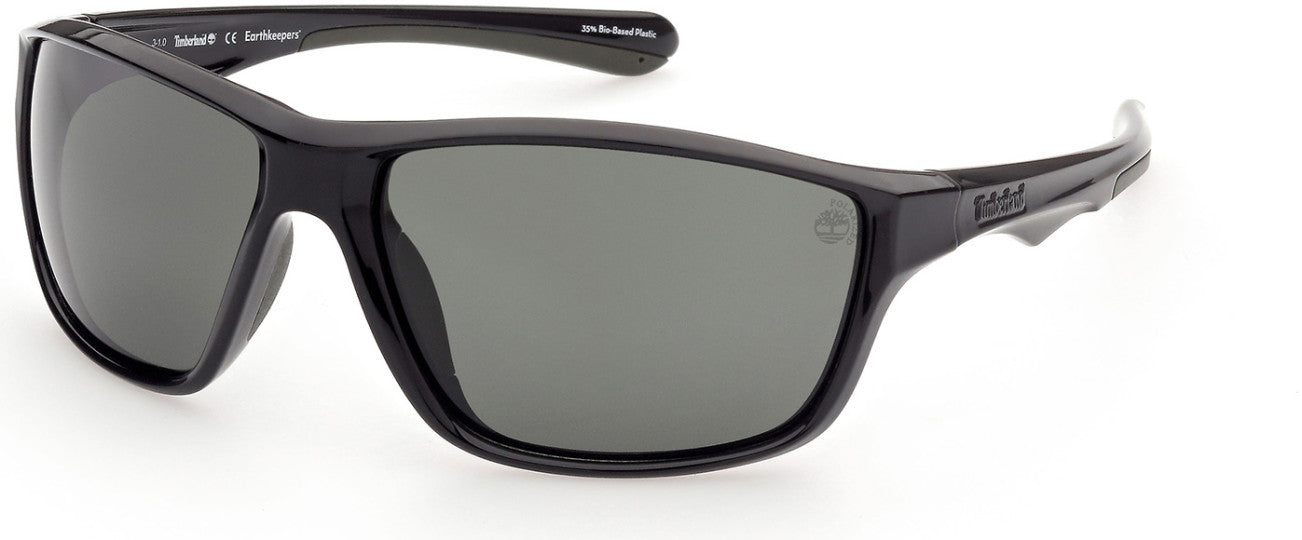 Timberland TB9246 Rectangular Sunglasses 01R-01R - Shiny Black Front/temples W/ Green Rubber / Green Lenses
